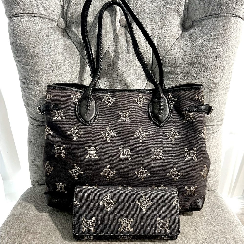 Authentic Celine Triomphe Denim Tote and Wallet Set - EUC